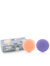 Two soaps, one orange and one purple, with a packaging box featuring illustrations on a white background.