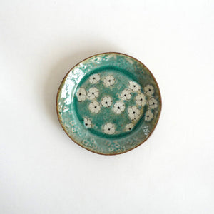 Spako Clay 6" plate black line floral drawing, turquoise glaze 