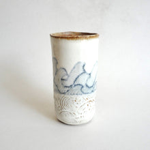 Spako Clay tumbler blue line drawing of waves and emboss pattern, white glaze