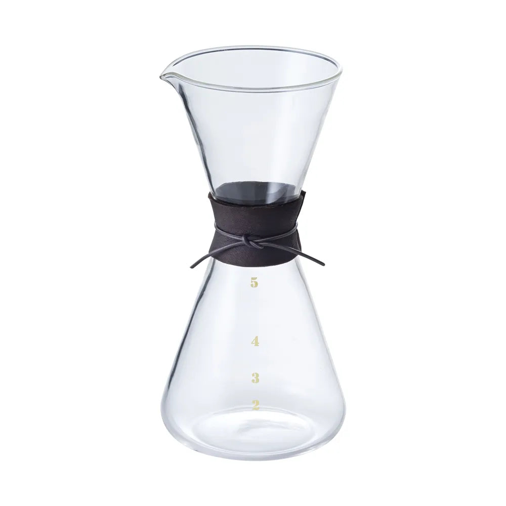 Clear glass coffee maker with deer skin  band on a white background