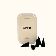 Pack of incense cones with a beige container labeled 'APFR' on a white background.