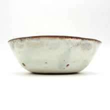 White ceramic bowl with brown rim on a white background
