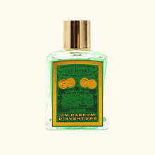 Perfume bottle with green label and gold accents on a white background