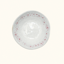 White ceramic bowl with red florals on a white background