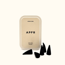 Incense cones with a beige packaging container labeled 'APFR' on a white background.