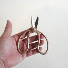 Hand holding a pair of TOYAMA HAMONO Garden Scissors Okubo Mini Rose Gold