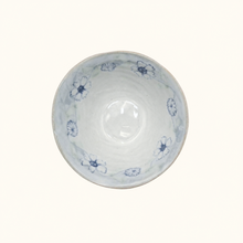 White ceramic bowl with blue floral patterns on a white background