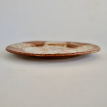 Small ceramic plate with a brown rim on a light gray background