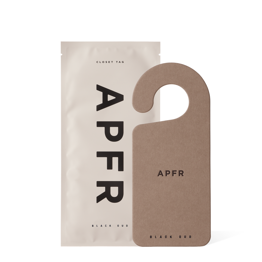 Closet tag with 'APFR' branding on a white background