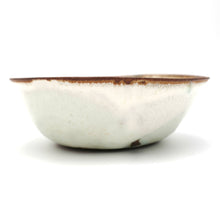 White ceramic bowl with brown rim on a white background