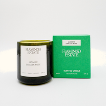 Flamingo Estate Jasmine Damask Rose scented candle and packaging on a white background