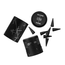Black incense cones and containers with 'IZBA', Blackbird branding on a white background