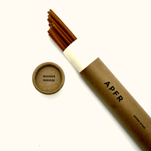 Incense sticks with a branded paper tube on a white background