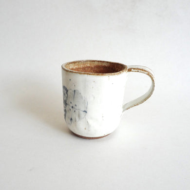 Spako Clay mug. Blue line bee drawing, white glaze
