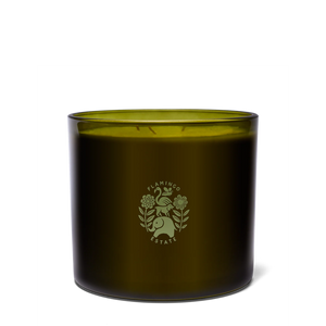 Green candle jar with a logo on a white background
