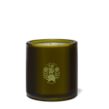 Green candle in a glass jar with a logo on a white background