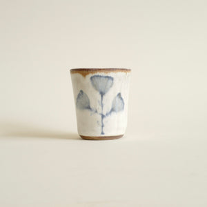 Spako Clay Wine Glass No.4 - blue wild flower design over white glaze 