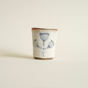 Spako Clay Wine Glass No.6 - blue wild flower pattern over white glaze