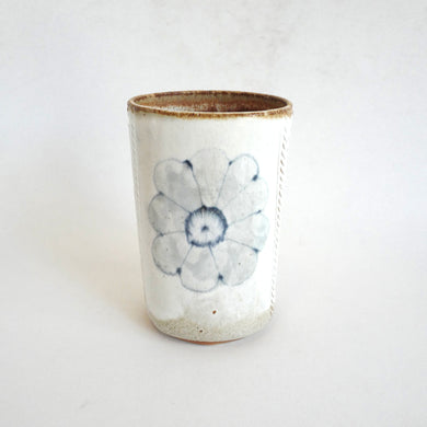 Spako Clay Tall Vase blue flower drawing on white glaze