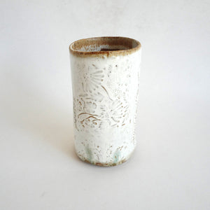 Spako Clay Tall Vase floral embossing, white glaze