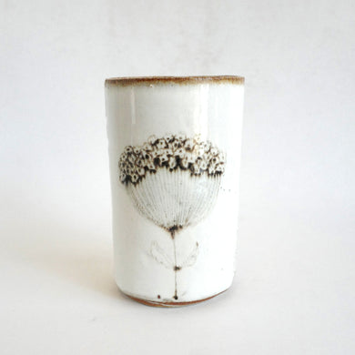 Spako Clay Tall Vase black line wildflower drawing, white glaze