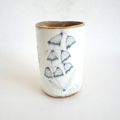 Spako Clay Tall Vase blue floral drawing, white glaze