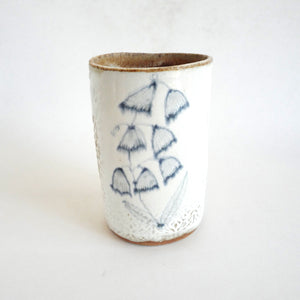 Spako Clay Tall Vase blue floral drawing, white glaze