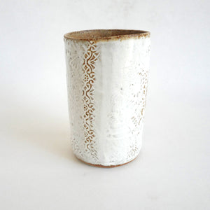 Spako Clay Tall Vase floral embossing, white glaze