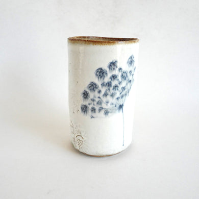Spako Clay Tall Vase blue drawing floral, white glaze