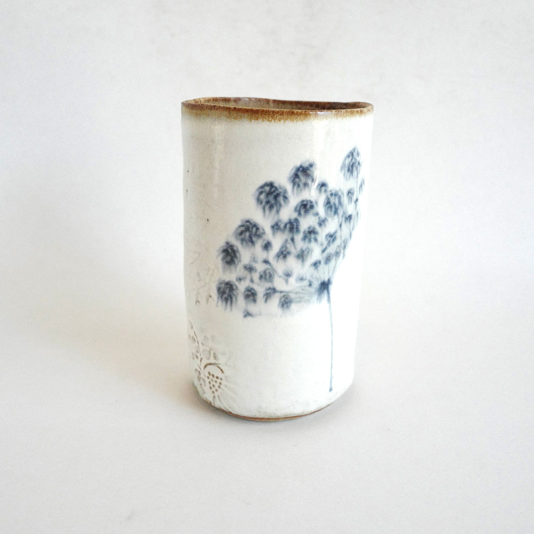 Spako Clay Tall Vase blue drawing floral, white glaze