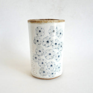 Spako Clay Tall Vase blue line floral drawing, white glaze