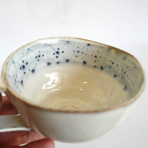 Spako Clay Cappuccino Mug blue geometric drawing, white glaze