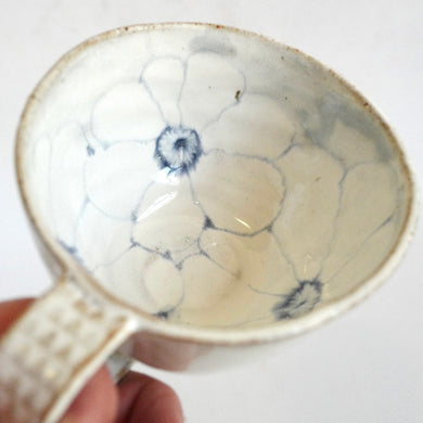 Spako Clay Cappuccino Mug blue floral drawing, white glaze