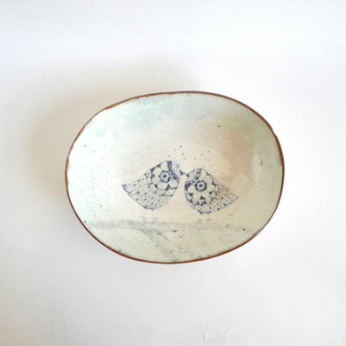 Spako Clay oval platter blue birds with white glaze