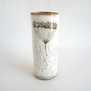 Spako Clay extra tall Vase black line wildflower drawing, white glaze