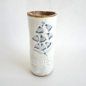 Spako Clay extra Tall Vase blue floral drawing, white glaze