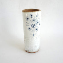 Spako Clay extra Tall Vase blue floral drawing with emboss pattern, white glaze