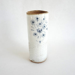 Spako Clay extra Tall Vase blue floral drawing with emboss pattern, white glaze