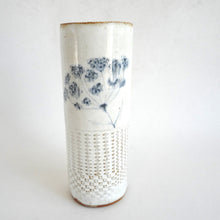 Spako Clay extra Tall Vase blue floral drawing with geometric emboss pattern, white glaze