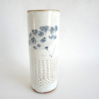 Spako Clay extra Tall Vase blue floral drawing with geometric emboss pattern, white glaze