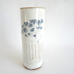 Spako Clay extra Tall Vase blue floral drawing with geometric emboss pattern, white glaze
