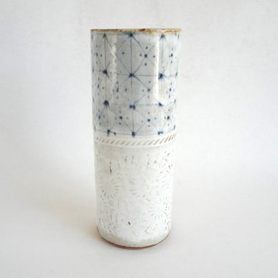 Spako Clay extra Tall Vase blue geometric drawing with floral embossing pattern, white glaze
