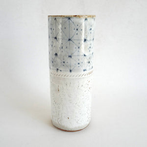 Spako Clay extra Tall Vase blue geometric drawing with floral embossing pattern, white glaze