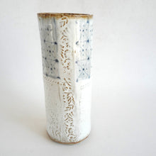 Spako Clay extra Tall Vase blue geometric drawing with floral embossing pattern, white glaze