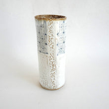 Spako Clay extra Tall Vase blue geometric drawing with floral embossing pattern, white glaze