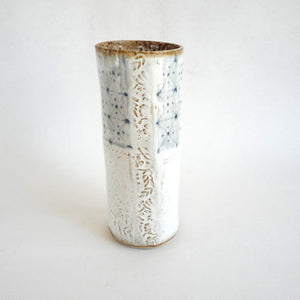 Spako Clay extra Tall Vase blue geometric drawing with floral embossing pattern, white glaze