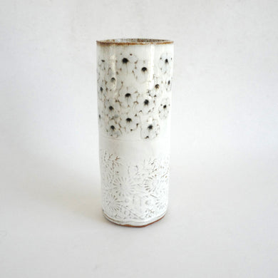 Spako Clay extra Tall Vase black floral drawing with floral embossing pattern, white glaze