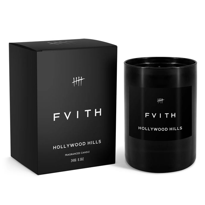 Fvith Hollywood Hills Candle and box packaging