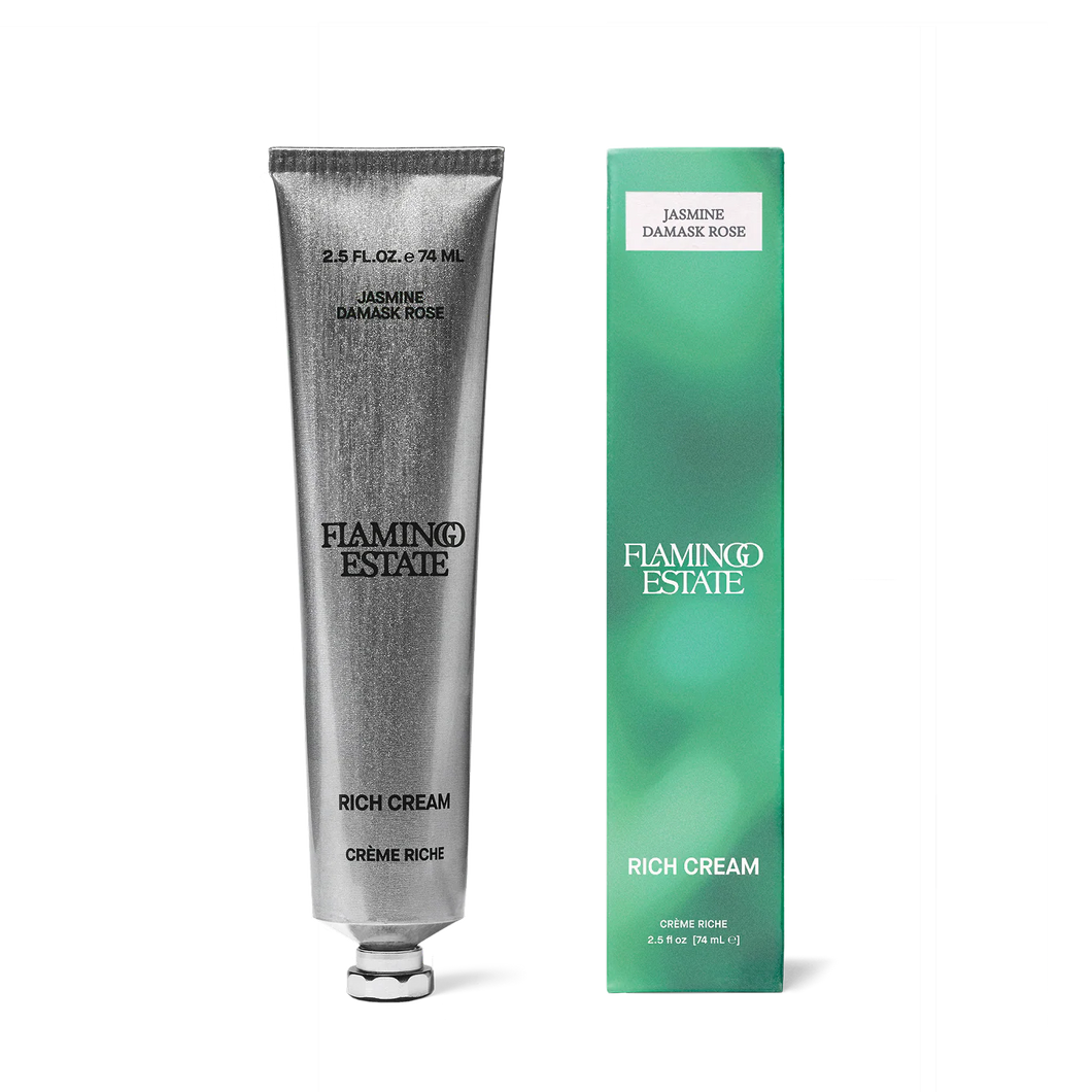 Flamingo Estate Rich Cream tube and packaging on a white background