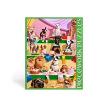 Puzzle box with dogs at a party on a white background